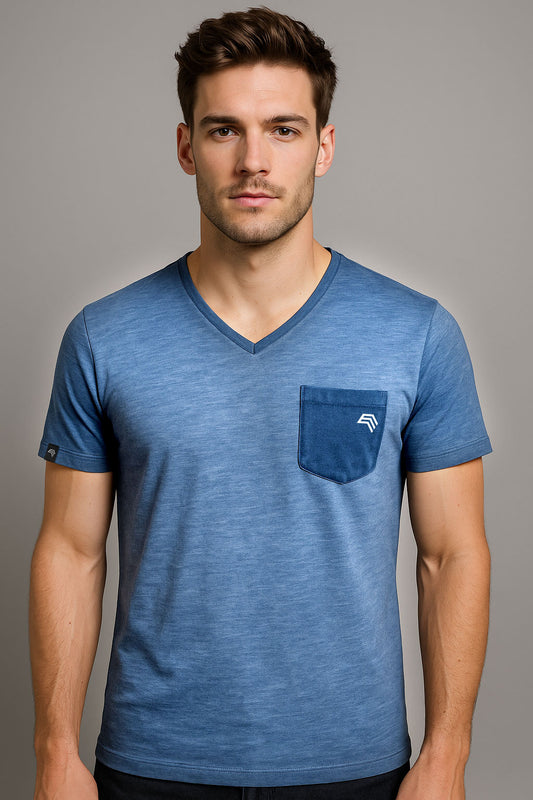 Auslaufartikel ― JAN 8016 ― Herren Bio-Baumwolle V-Neck Flammgarn T-Shirt - Denim Blau