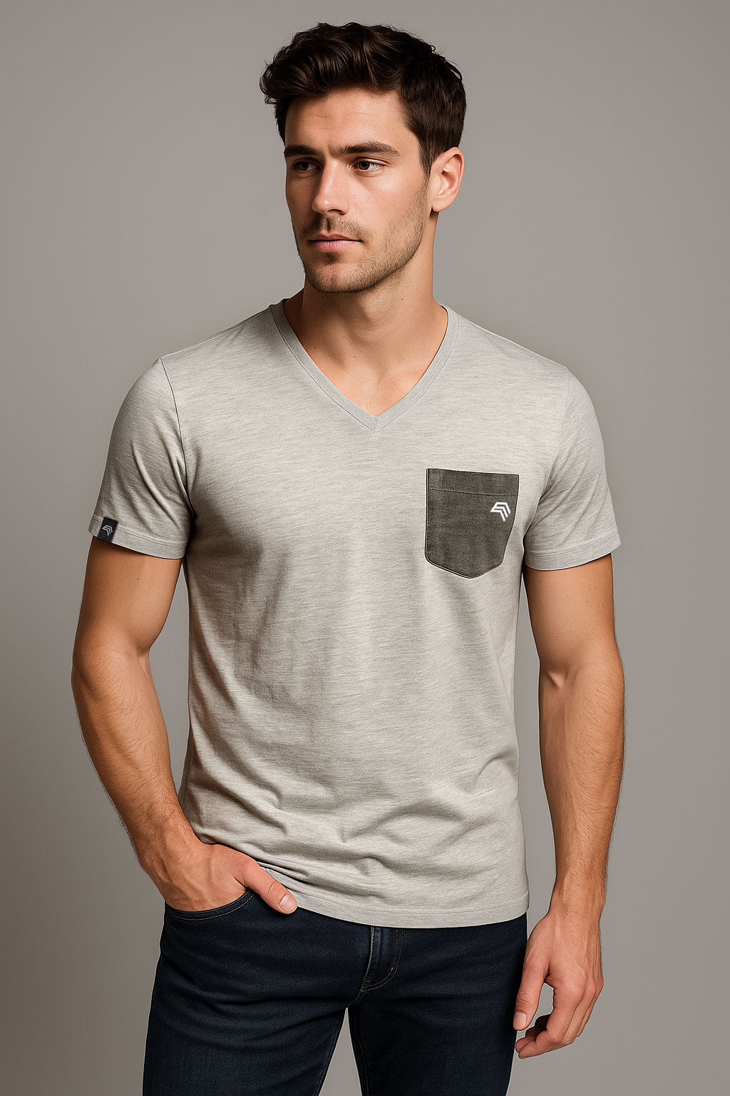 Auslaufartikel ― JAN 8016 ― Herren Bio-Baumwolle V-Neck Flammgarn T-Shirt - Hell Grau