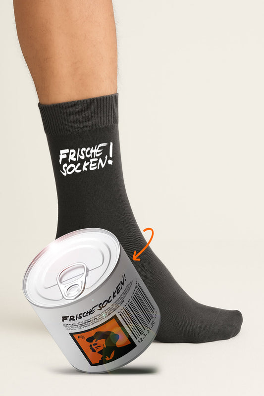Geschenkidee ― Aufreißwäsche: 1 Paar "FRISCHE SOCKEN" in Aufreißdose