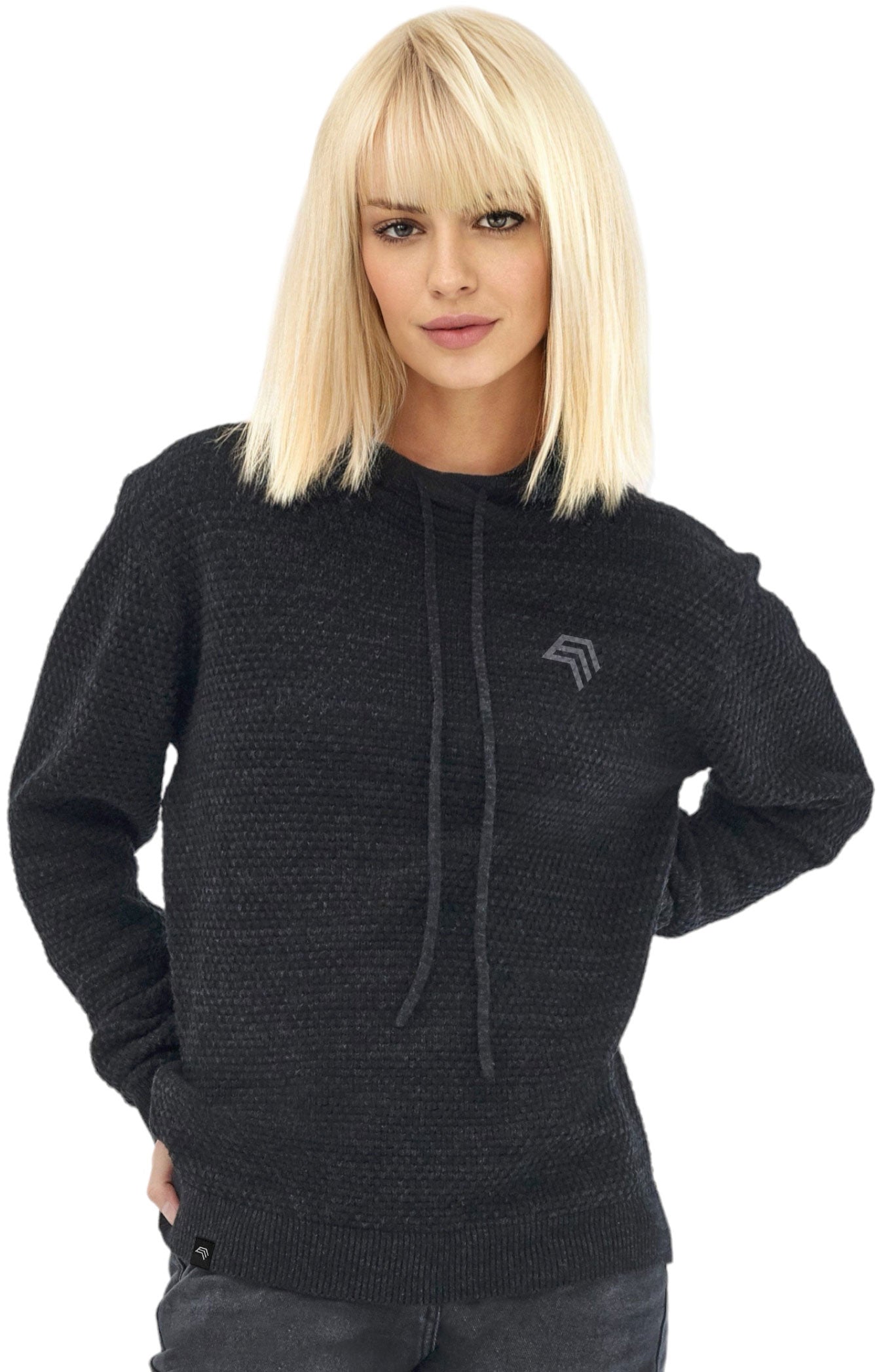 ― % ― ECL 0080/ ― Nachhaltig gestrickter Unisex Kapuzenpullover aus regenerierter Baumwolle - Melange Schwarz / Grau (S)