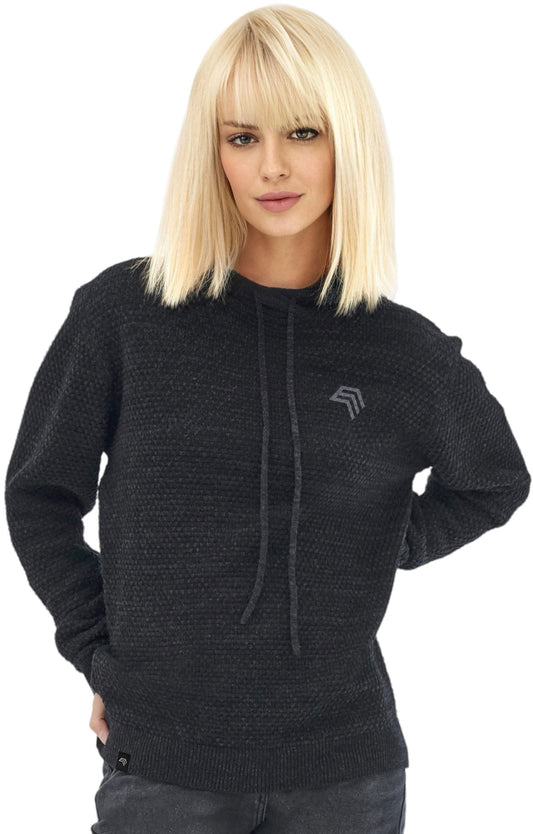 ECL 0080 ― Nachhaltig gestrickter Unisex Kapuzenpullover aus regenerierter Baumwolle - Melange Schwarz / Grau