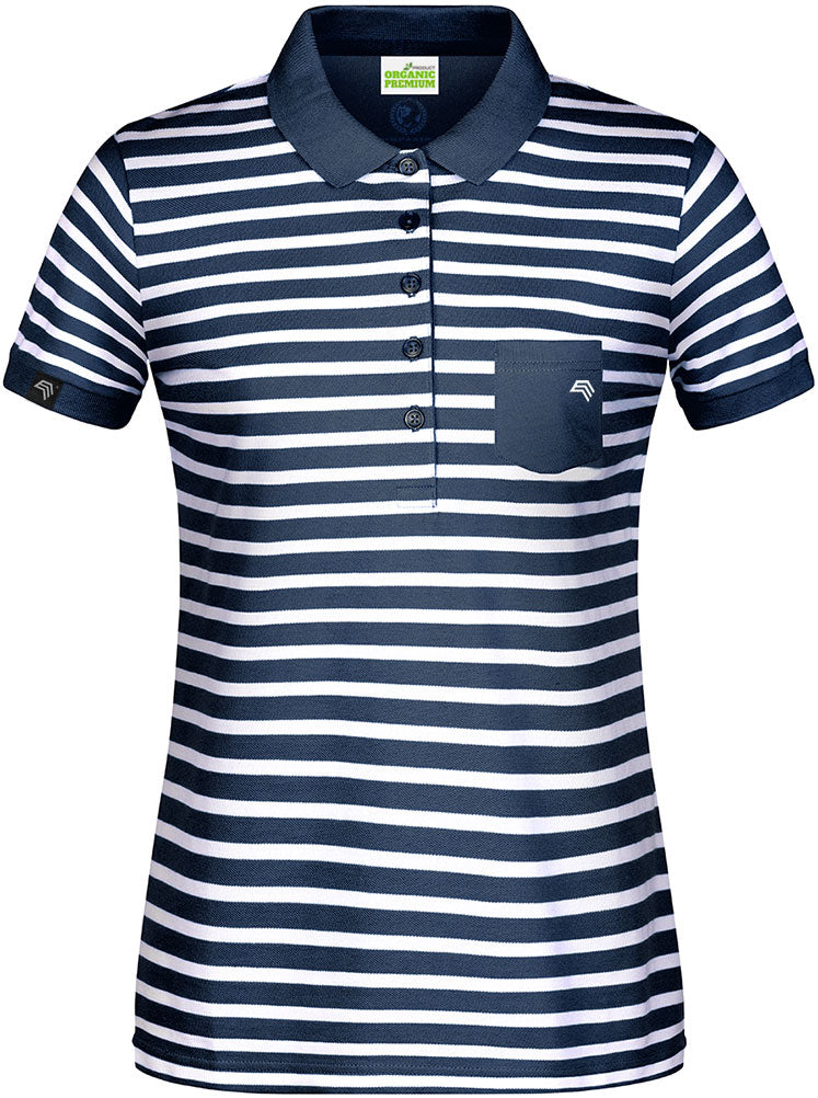 Auslaufartikel / Restposten ― JAN 8029 ― Damen Bio Baumwolle Streifen Polo Shirt - Navy Blau / Weiß