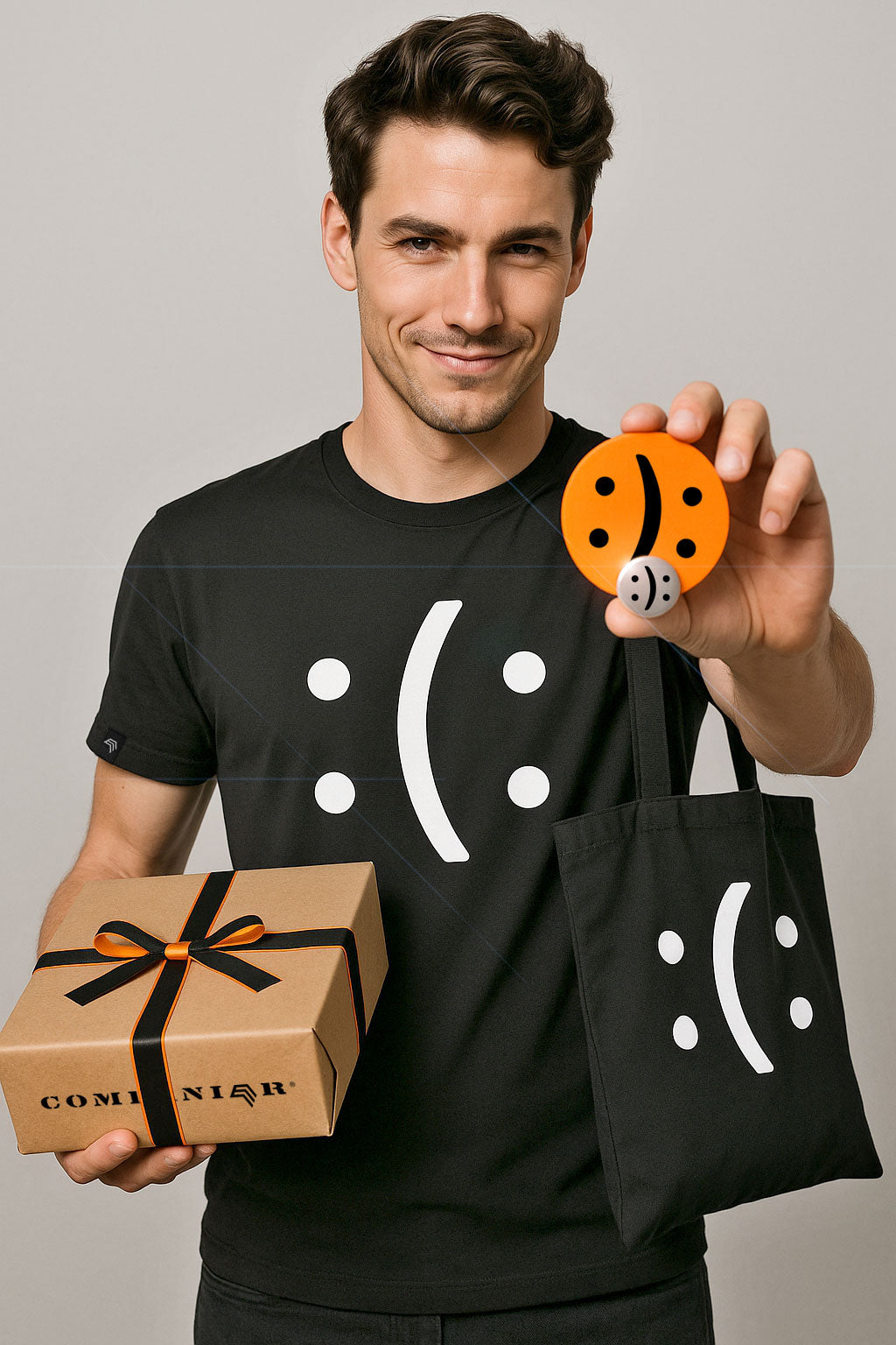 ― % ― Happy? Or Sad? ― GESCHENK SET ― Unisex Mens T-Shirt + Bag + Buttons + Stickers + Karton