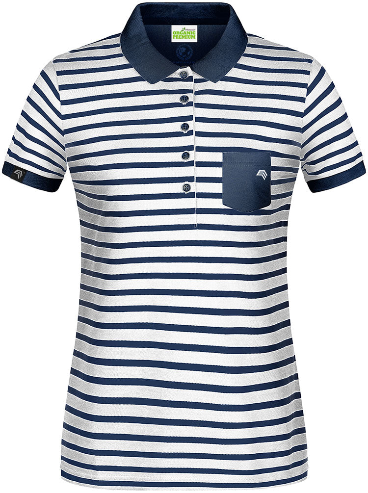 Auslaufartikel / Restposten ― JAN 8029 ― Damen Bio Baumwolle Streifen Polo Shirt - Weiß / Navy Blau