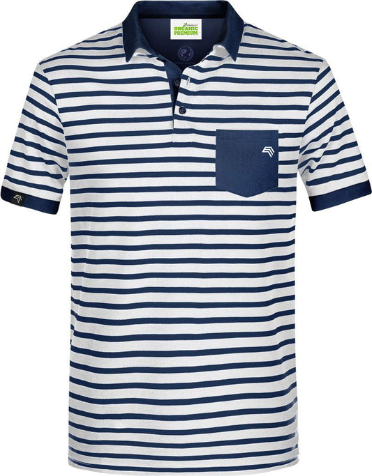 Auslaufartikel / Restposten ― JAN 8030 ― Unisex Bio-Baumwolle Polo Shirt gestreift - Weiß / Navy Blau