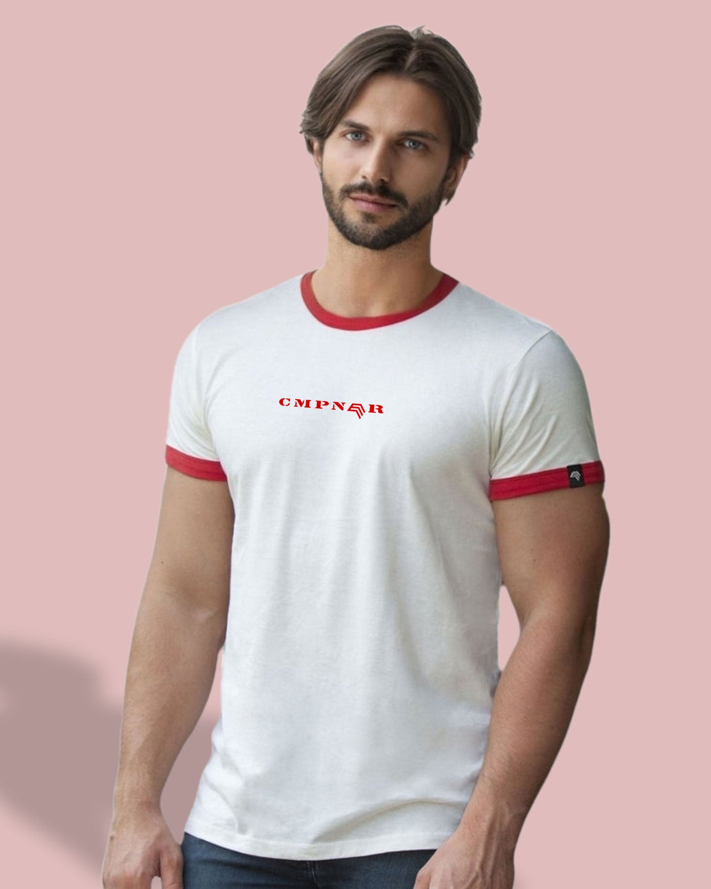 Auslaufartikel ― MTS M175/12b ― Unisex Bio-Baumwolle Peach Finish Retro Ringer T-Shirt - Natural Weiß / Rot