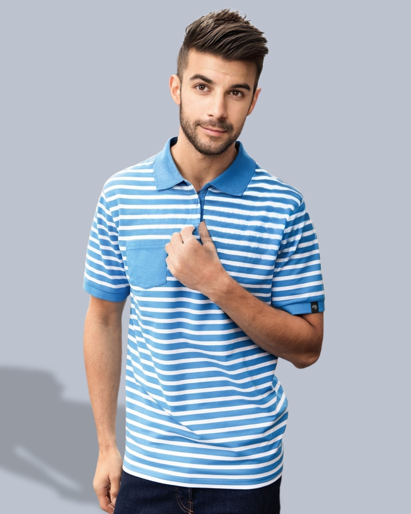 Auslaufartikel / Restposten ― JAN 8030 ― Unisex Bio-Baumwolle Polo Shirt gestreift - Atlantic Blau / Weiß