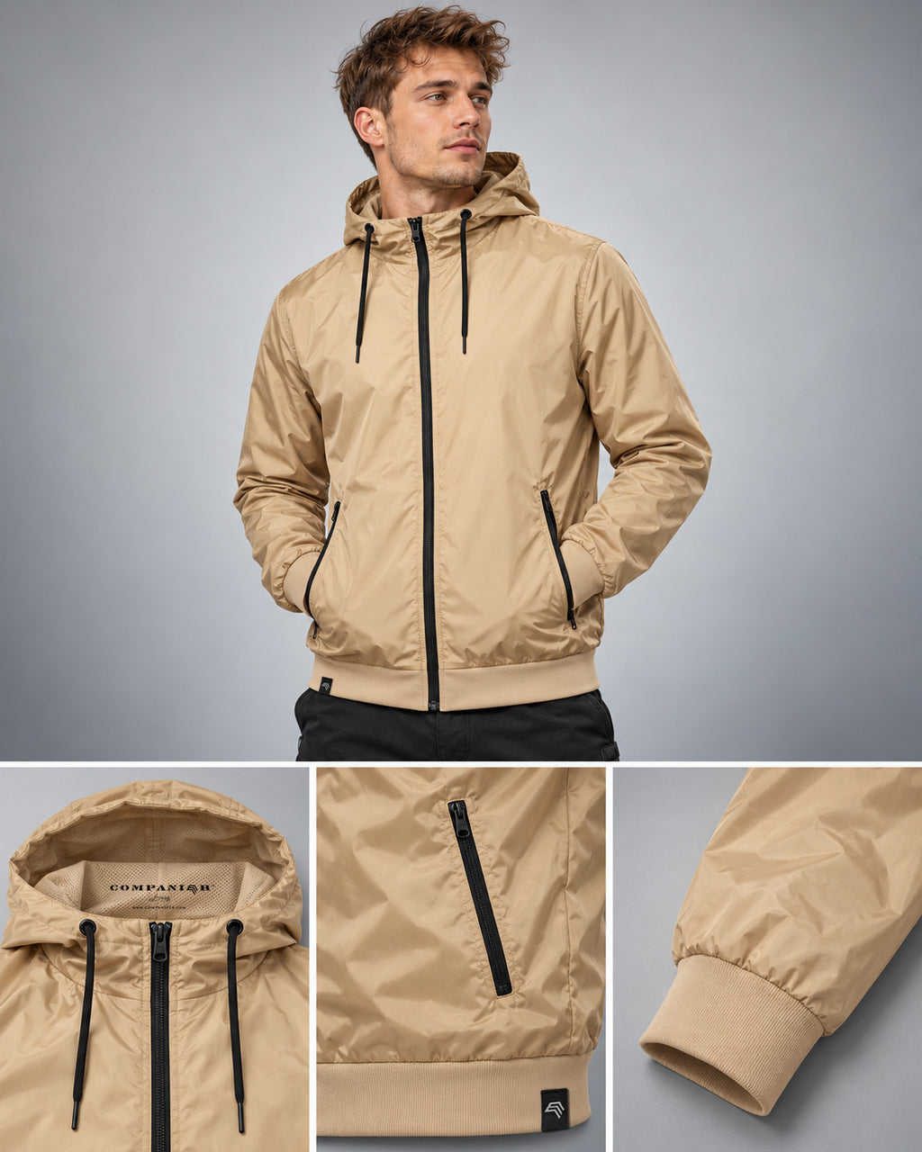 Windbreaker BBD 6100 in Beige / Black an Herrenmodel – sandbeige Nylonjacke mit Kapuze, schwarzen Reißverschlusstaschen, Kordelzug und breiten Rippbündchen