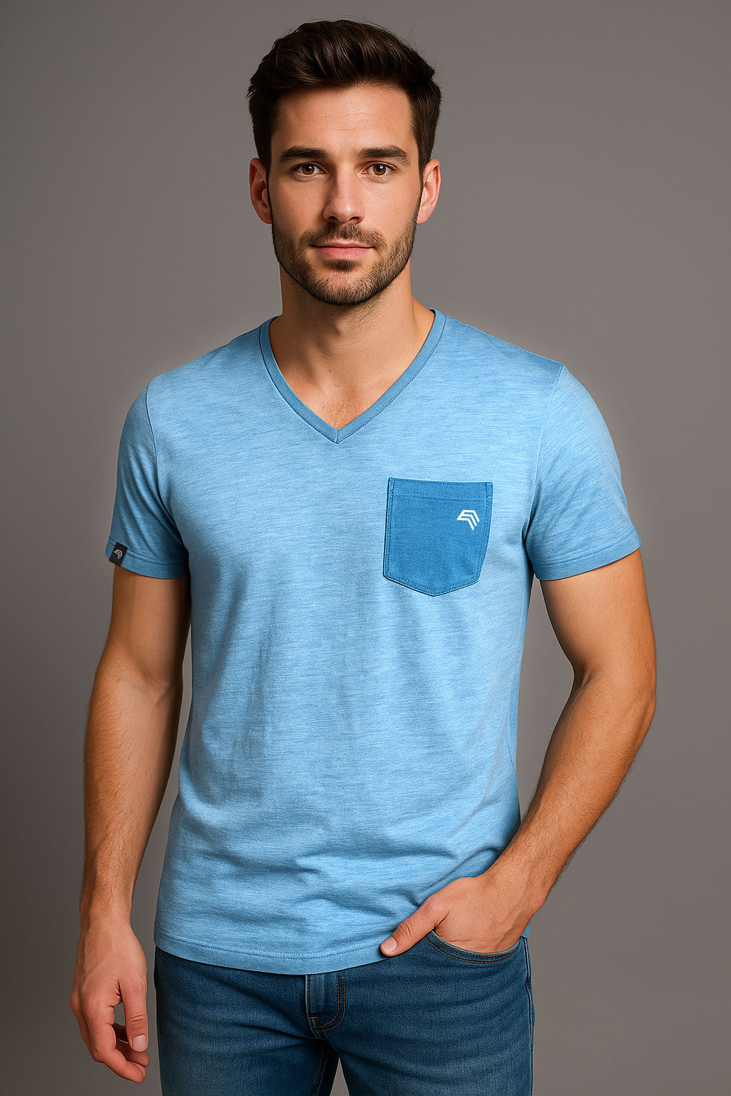Auslaufartikel ― JAN 8016 ― Herren Bio-Baumwolle V-Neck Flammgarn T-Shirt - Horizon Blau