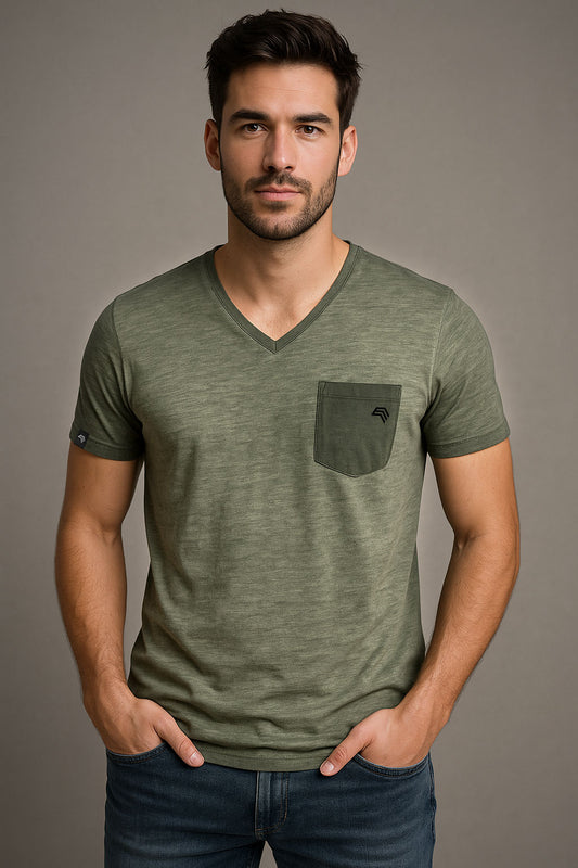 Auslaufartikel ― JAN 8016 ― Herren Bio-Baumwolle V-Neck Flammgarn T-Shirt - Olive Grün