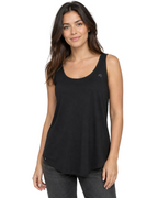Black Damen-Tanktop MTS M092 am Model in lockerer Vorderansicht mit tiefem Rundhals und geschwungenem Saum
