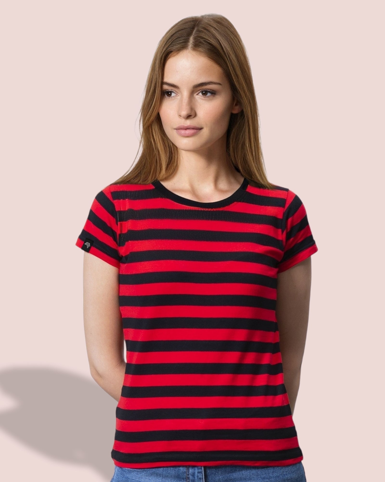 ― % ― MTS M110 ― Weiches Damen Stripy Bio-Baumwolle T-Shirt - Schwarz / Rot / M