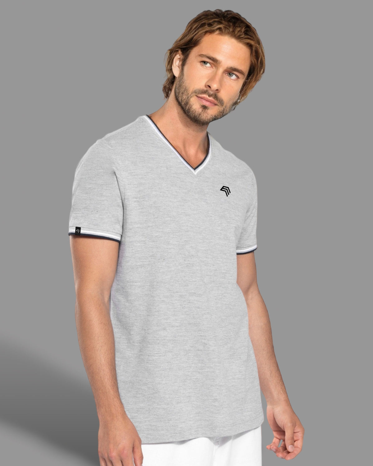 KRB K374 ― Bi-color Pique V-Neck T-Shirt - Melange Grey / Blue / White