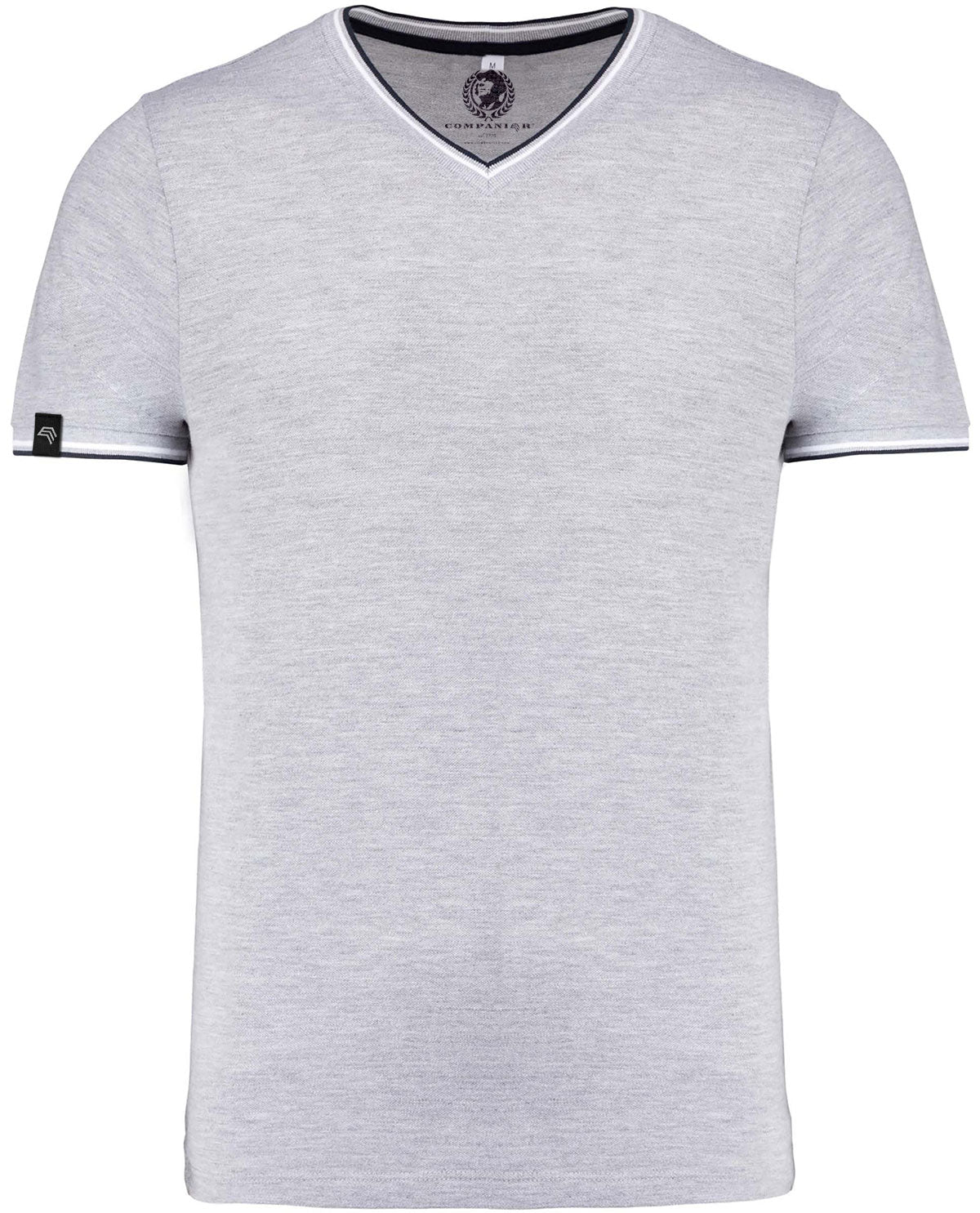 KRB K374 ― Bi-color Pique V-Neck T-Shirt - Melange Grey / Blue / White