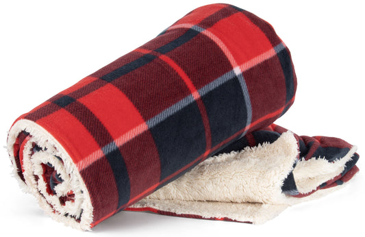 KPP 0431 ― Flauschige Sherpa-Decke 160 x 130 cm - Rot / Navy Blau kariert