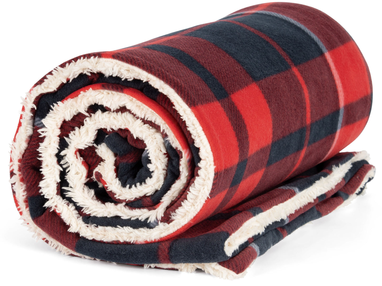 KPP 0431 ― Flauschige Sherpa-Decke 160 x 130 cm - Rot / Navy Blau kariert