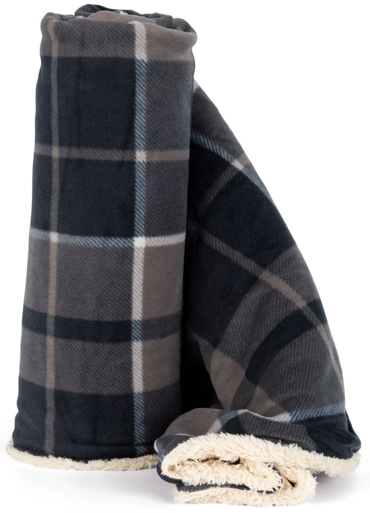 KPP 0431 ― Flauschige Sherpa-Decke 160 x 130 cm - Grau / Navy Blau kariert