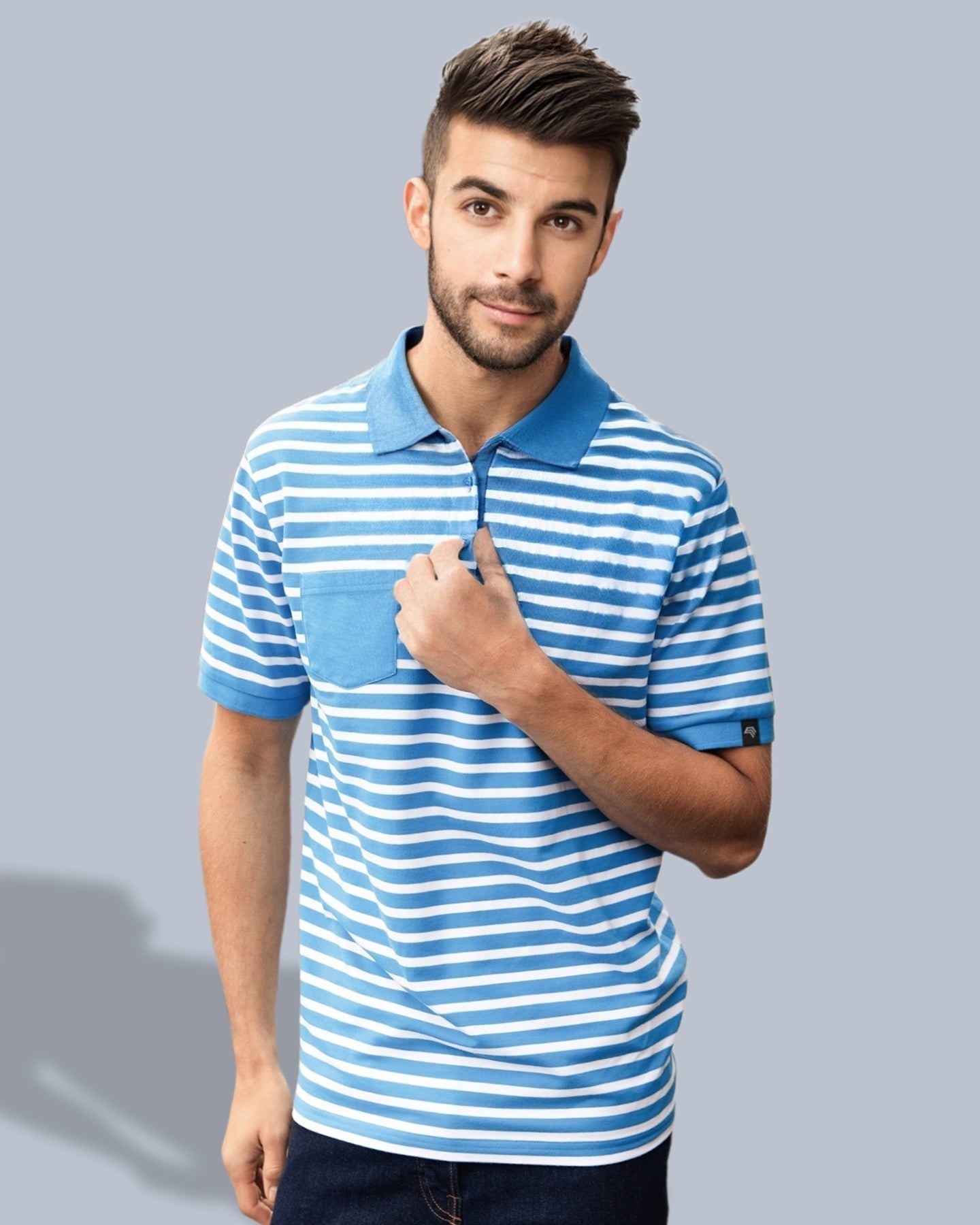 ― % ― JAN 8030/10A ― Unisex Bio-Baumwolle Polo Shirt gestreift - Weiß / Navy Blau [2XL]
