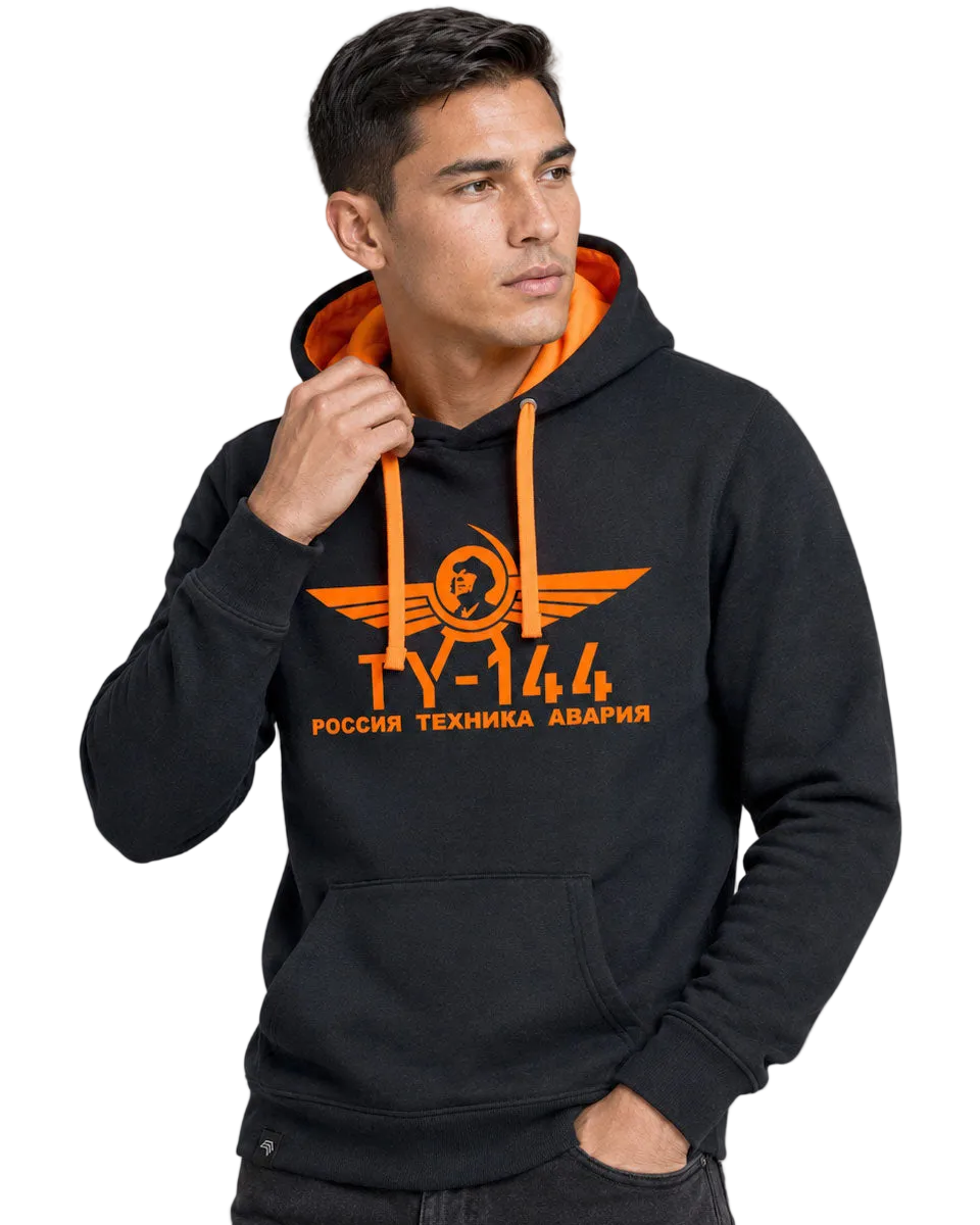 TU-144 ― Herren Unisex Bicolor Hoodie mit Kontrastkapuze – Black / Orange