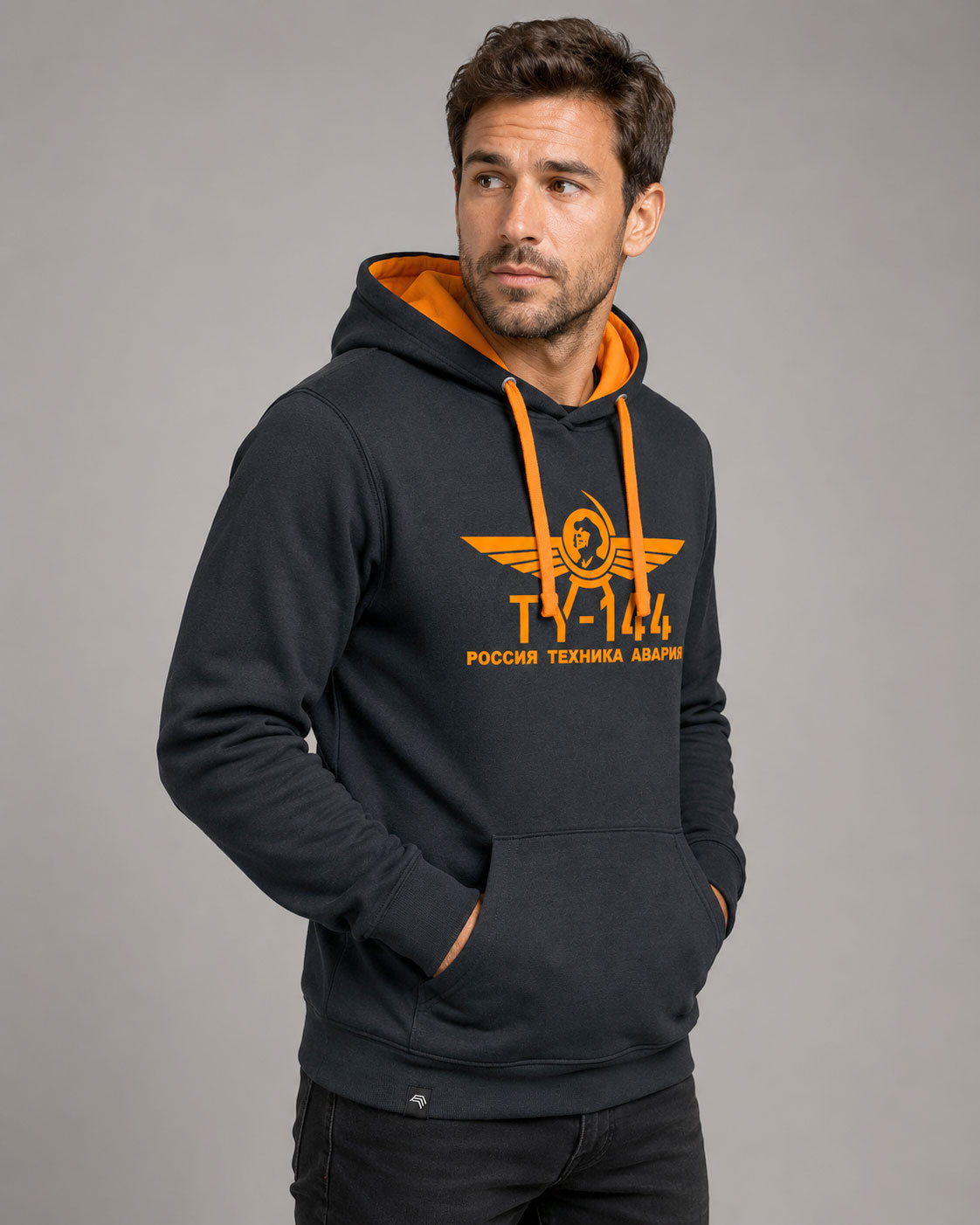 TU-144 ― Herren Unisex Bicolor Hoodie mit Kontrastkapuze – Black / Orange