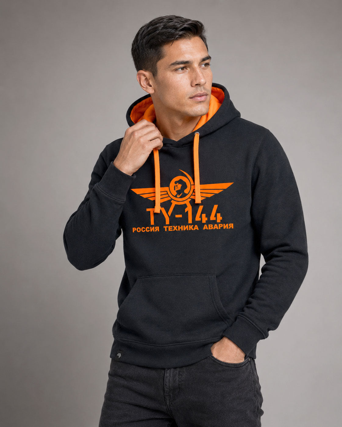 TU-144 ― Herren Unisex Bicolor Hoodie mit Kontrastkapuze – Black / Orange