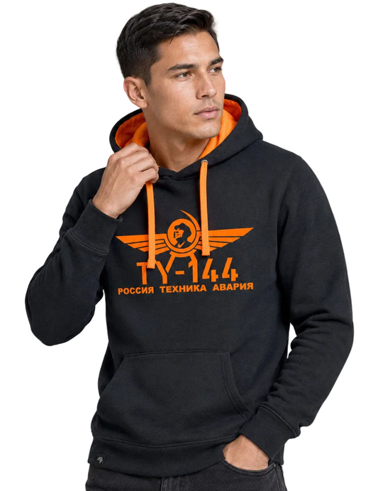 TU-144 ― Herren Unisex Bicolor Hoodie mit Kontrastkapuze – Black / Orange