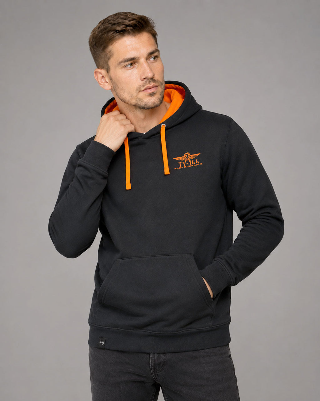 TU-144 ― Herren Unisex Bicolor Hoodie mit Kontrastkapuze – Black / Orange
