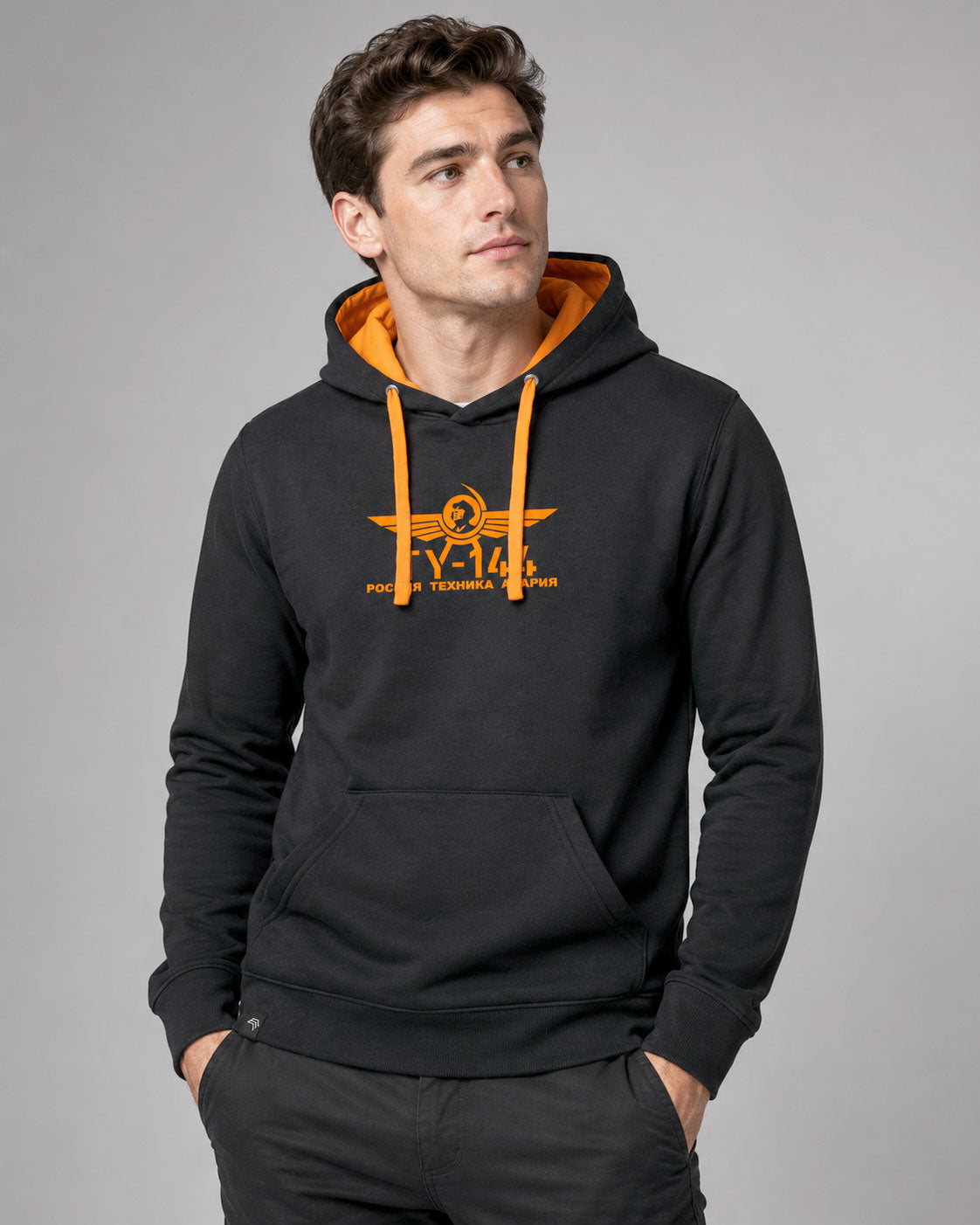 TU-144 ― Herren Unisex Bicolor Hoodie mit Kontrastkapuze – Black / Orange