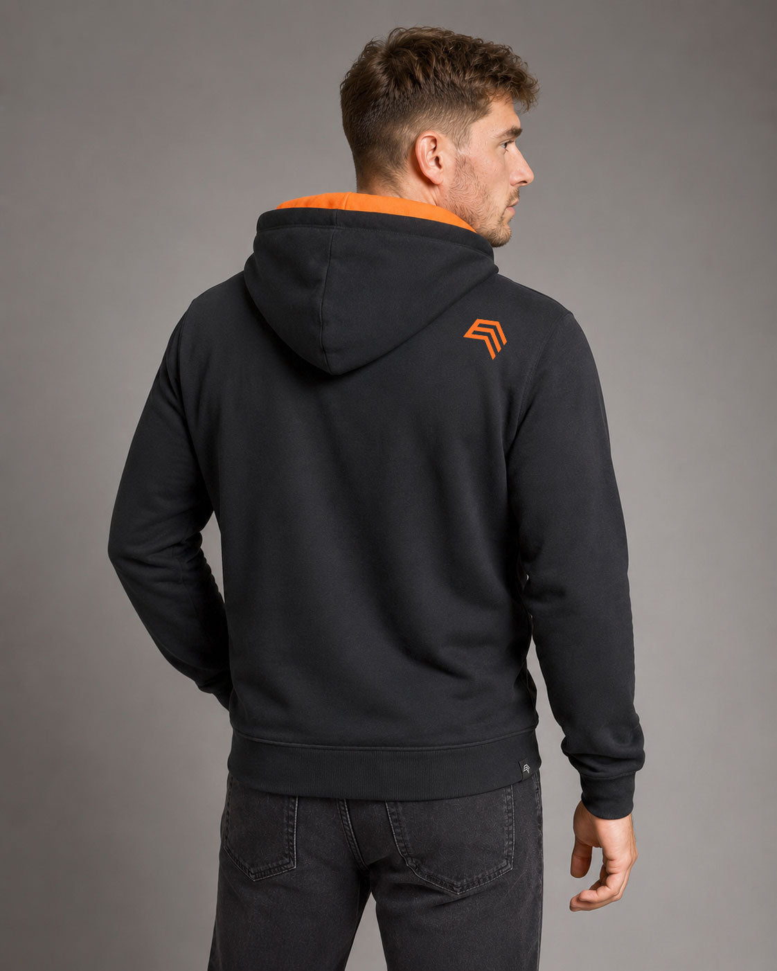 TU-144 ― Herren Unisex Bicolor Hoodie mit Kontrastkapuze – Black / Orange