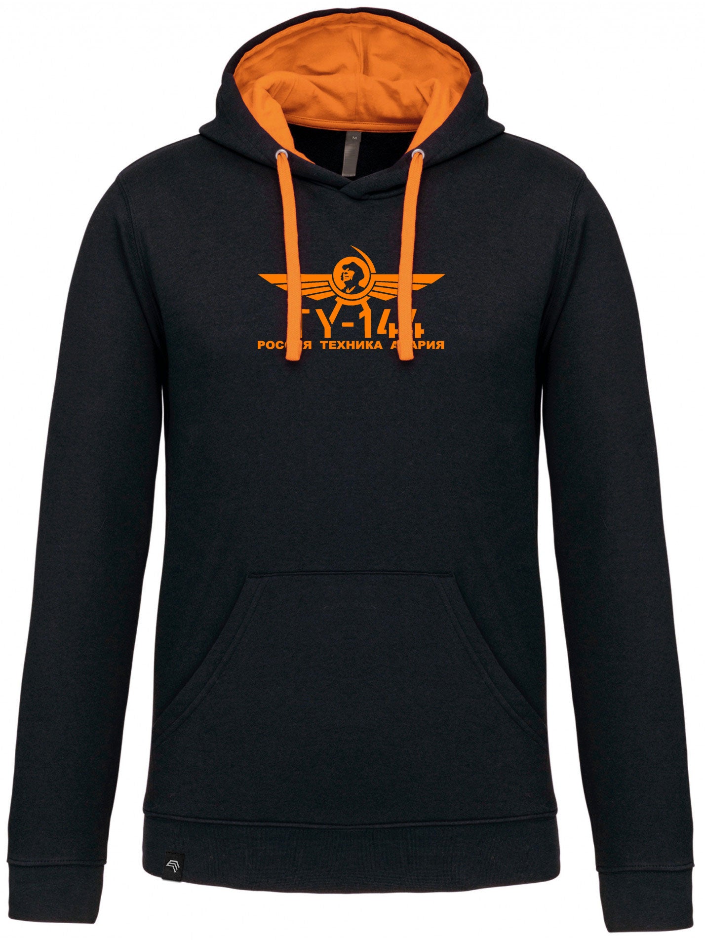 TU-144 ― Herren Unisex Bicolor Hoodie mit Kontrastkapuze – Black / Orange