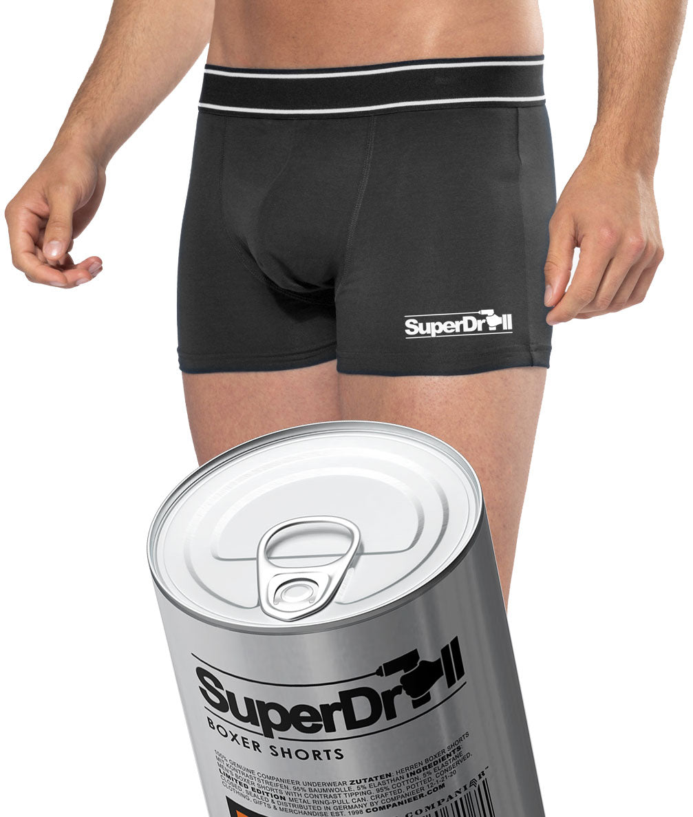 Geschenkidee ― Aufreißwäsche: SUPER DRILL Men's Boxer-Shorts (Schwarz) in Aufreißdose