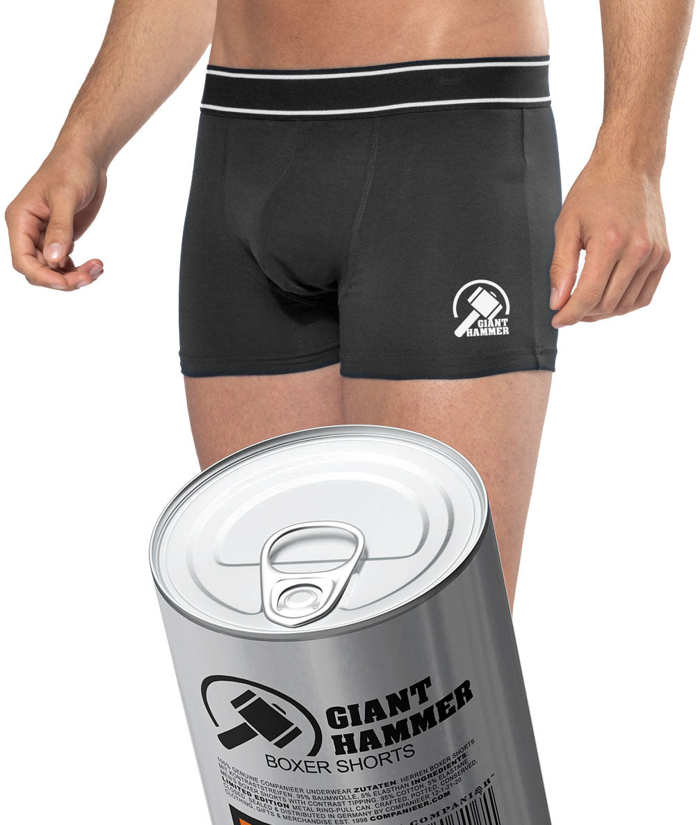 Geschenkidee ― Aufreißwäsche: GIANT HAMMER Men's Boxer-Shorts (Schwarz) in Aufreißdose