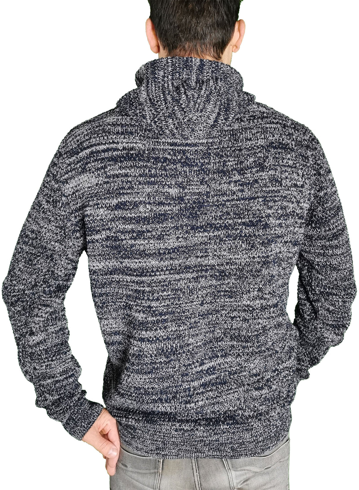 ― % ― ECL 0080 ― Nachhaltig gestrickter Unisex Kapuzenpullover aus regenerierter Baumwolle - Melange Navy Blau / Weiß / M