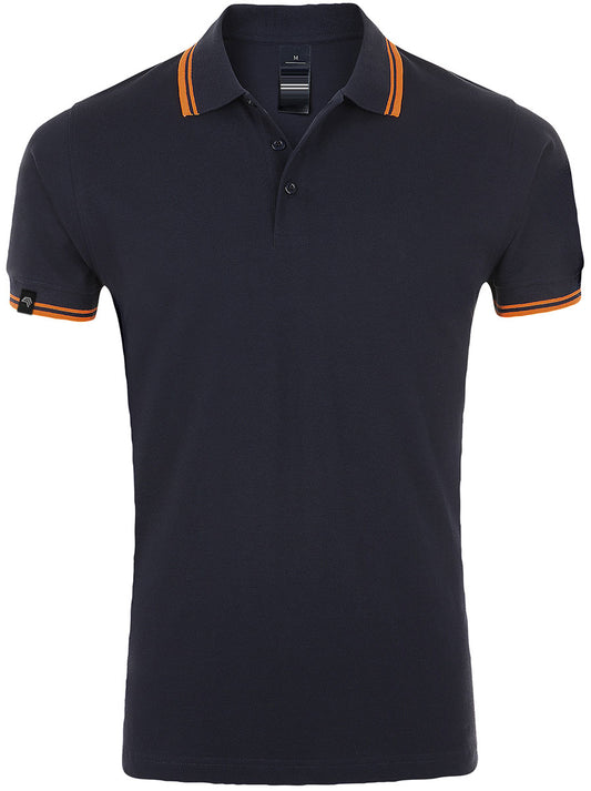 SLS 0577 ― Kontraststreifen Polo Shirt - Navy Blau / Neon Orange