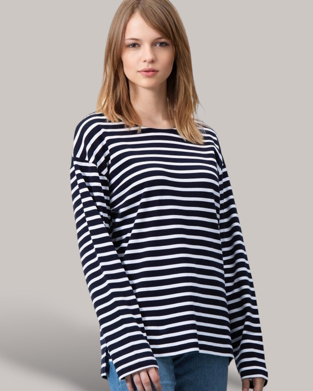 ― % ― MTS M136 ― Unisex Bio-Baumwolle Longsleeve Sweatshirt gestreift - Navy Blau / Weiß / M