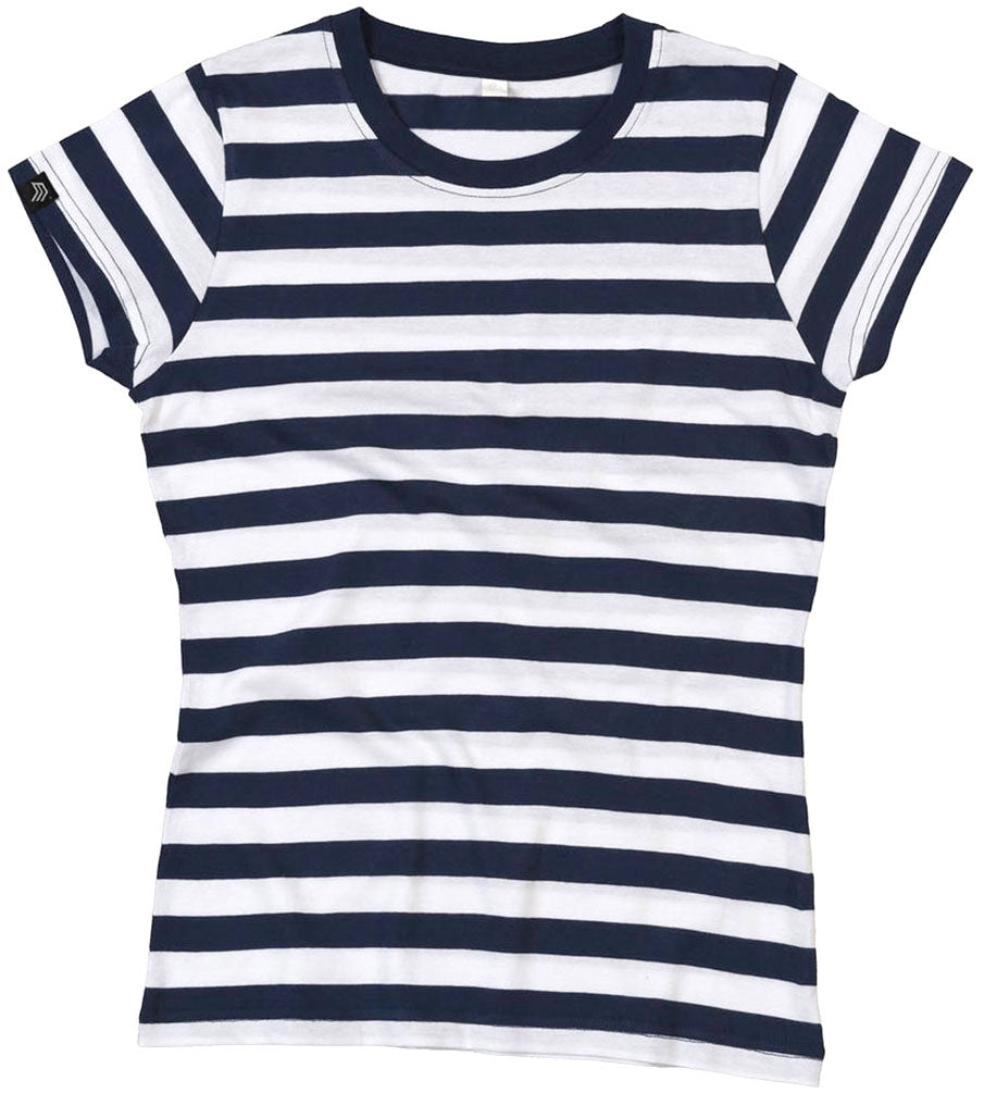MTS M110 ― Weiches Damen Stripy Bio-Baumwolle T-Shirt - Navy Blau / Weiß