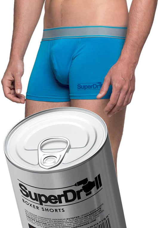 Geschenkidee ― Aufreißwäsche: SUPER DRILL Men's Boxer-Shorts (Tropical Blau) in Aufreißdose