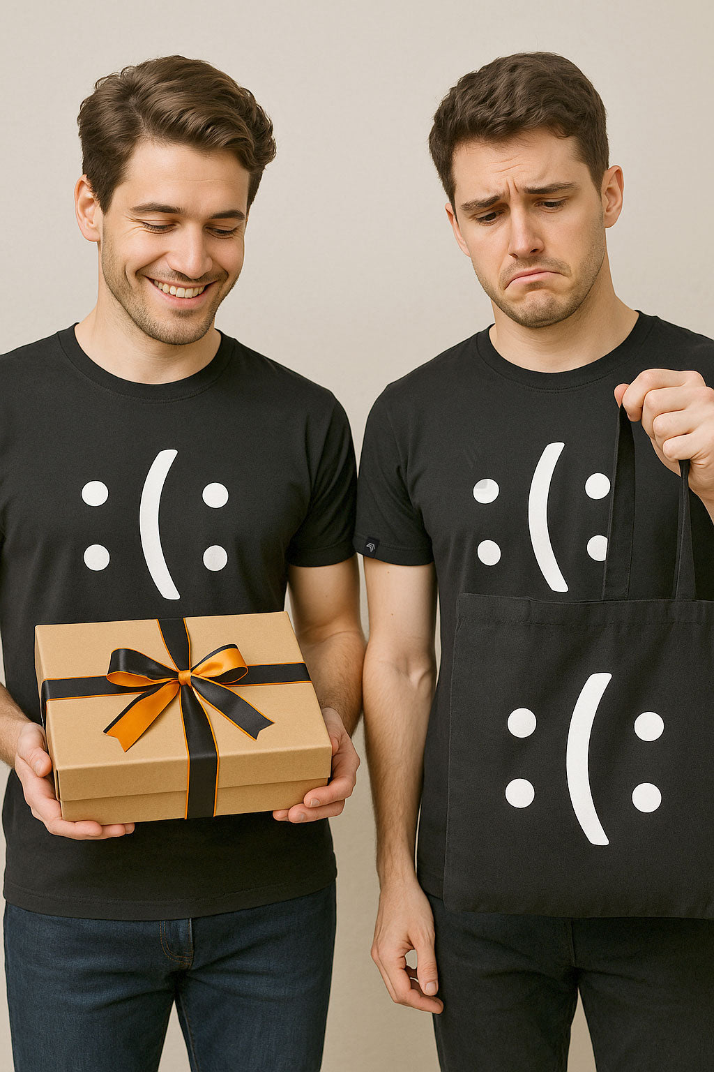 ― % ― Happy? Or Sad? ― GESCHENK SET ― Unisex Mens T-Shirt + Bag + Buttons + Stickers + Karton
