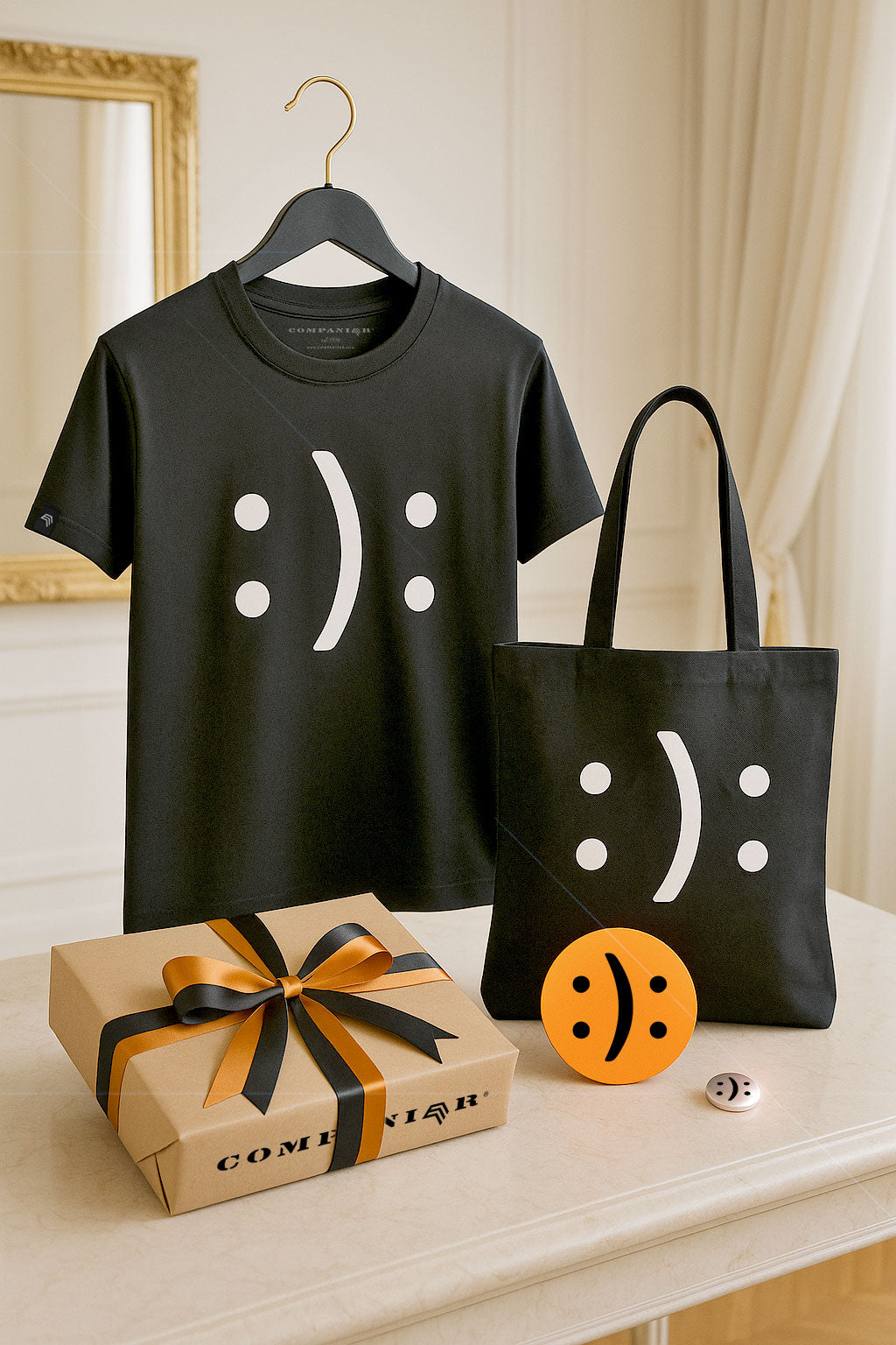 ― % ― Happy? Or Sad? ― GESCHENK SET ― Unisex Mens T-Shirt + Bag + Buttons + Stickers + Karton