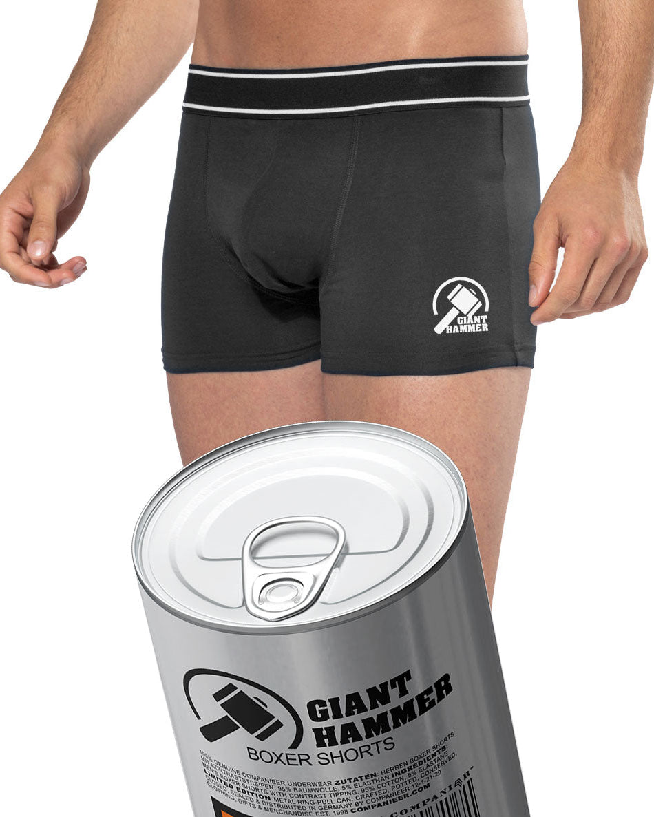 Geschenkidee ― Aufreißwäsche: GIANT HAMMER Men's Boxer-Shorts (Schwarz) in Aufreißdose