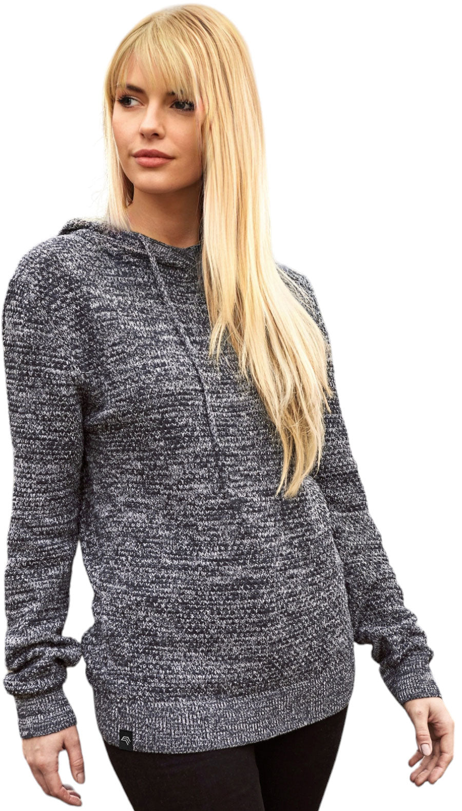 ― % ― ECL 0080 ― Nachhaltig gestrickter Unisex Kapuzenpullover aus regenerierter Baumwolle - Melange Navy Blau / Weiß / M