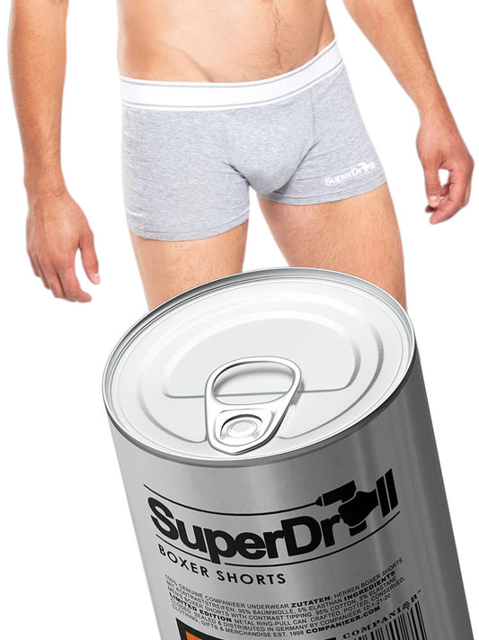 Geschenkidee ― Aufreißwäsche: SUPER DRILL Men's Boxer-Shorts (Grau Melange) in Aufreißdose