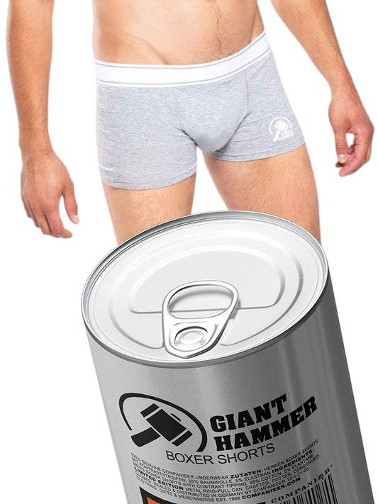 Geschenkidee ― Aufreißwäsche: GIANT HAMMER Men's Boxer-Shorts (Grau Melange) in Aufreißdose
