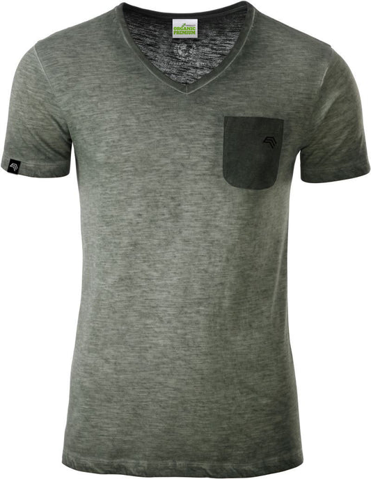 ― % ― JAN 8016/ ― Herren Bio-Baumwolle V-Neck Flammgarn T-Shirt - Olive Grün [XL]