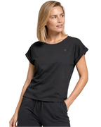 Schwarzes Damen T-Shirt JMS 0805 frontal am Model mit weitem Rundhals und lässiger Fledermaus-Linie