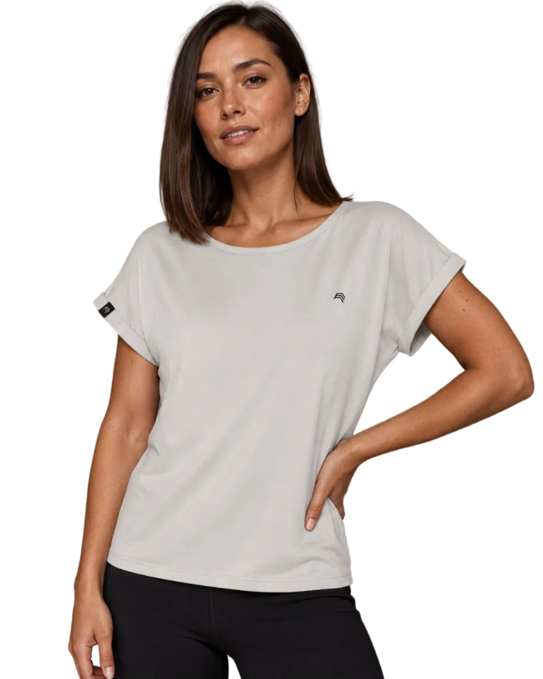 Light Grey Damen Casual Shirt JMS 0805 am Model mit überschnittener Schulter, umgelegtem Ärmelabschluss und leichtem Jersey-Fall