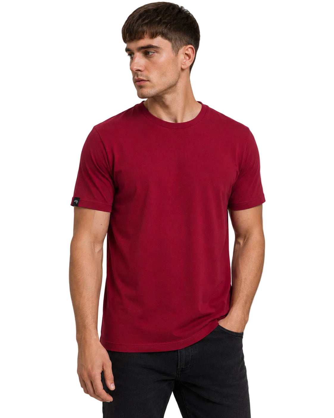Weinrotes Herren-T-Shirt JMS 0808 in der Frontansicht – klassischer Rundhalsausschnitt, kurze eingesetzte Ärmel und gerader Regular Fit.