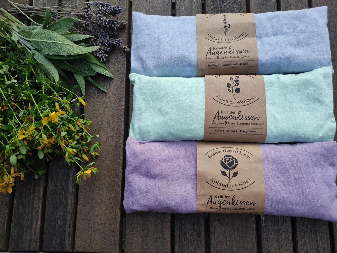 Handmade Kräuter-Augenkissen "Aphrodites Kuss", Bezug Leinen, 100% Bio Kräuter und Blüten