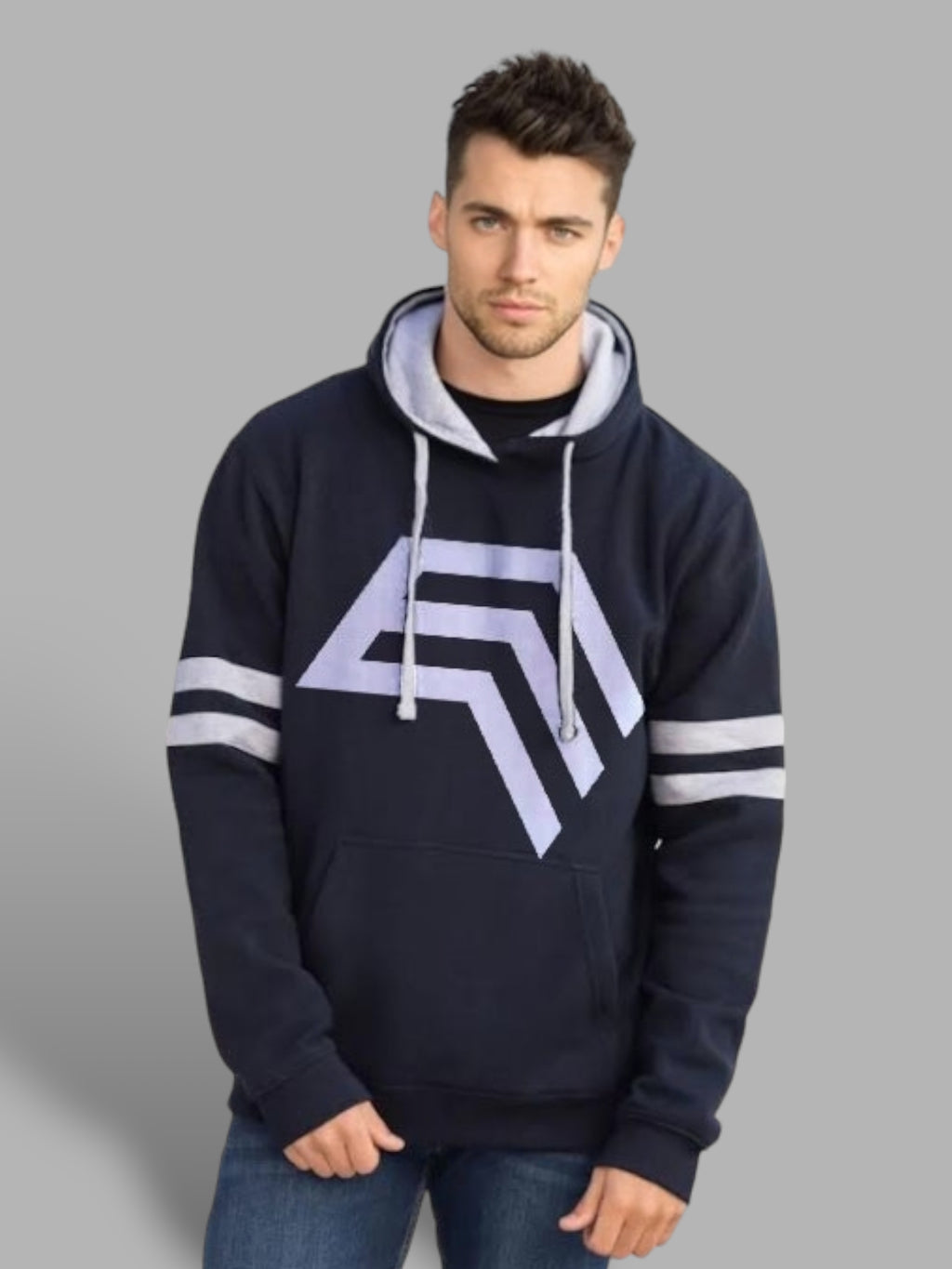 ― % ― JDS 0103 ― Stripy Sleeve Hoodie Sweatshirt - Navy Blau / Hell Grau / L / 2XL