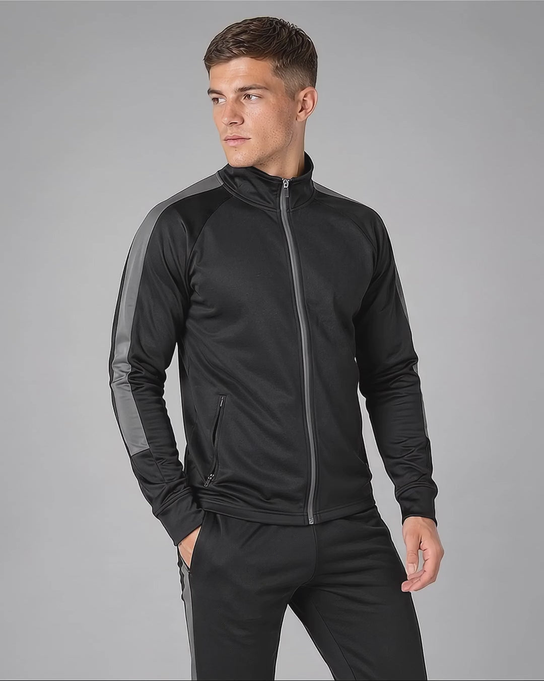 FNS 0871 ― Trainingsjacke Schwarz/Dunkelgrau mit Kontrast-Ärmeleinsätzen